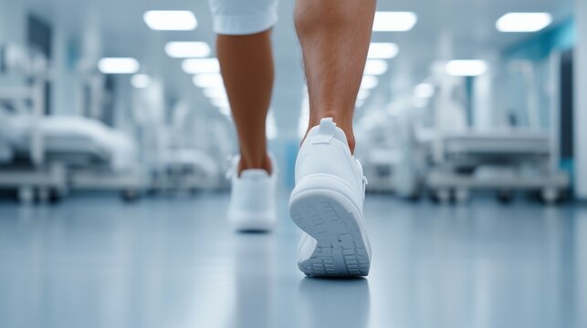 Close-up of white sneakers walking in a bright, modern hospital hallway.