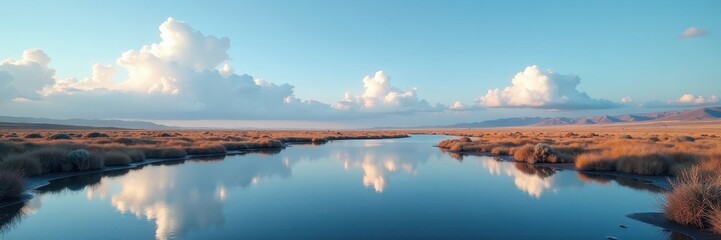 Fototapeta premium Shallow lake on flatlands, cloudscape reflected, tranquil scene , plains, shot