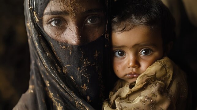 Mother and Child, Desert Village, Sad Eyes, Portrait