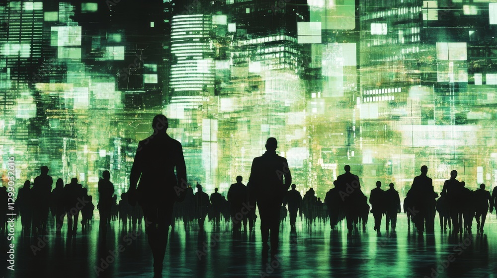 Poster people networking through the internet, represented by silhouettes against a digital city background
