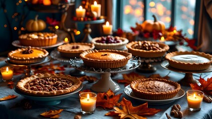 Autumn Dessert Table Displayed with Pumpkin Pies and Colorful Leaves Surrounded by Candles