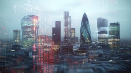 Abstract view of a city skyline influenced by economic policy changes, represented by digital overlays of economic data