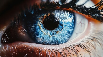 A close up of a blue eye with a black dot in the center