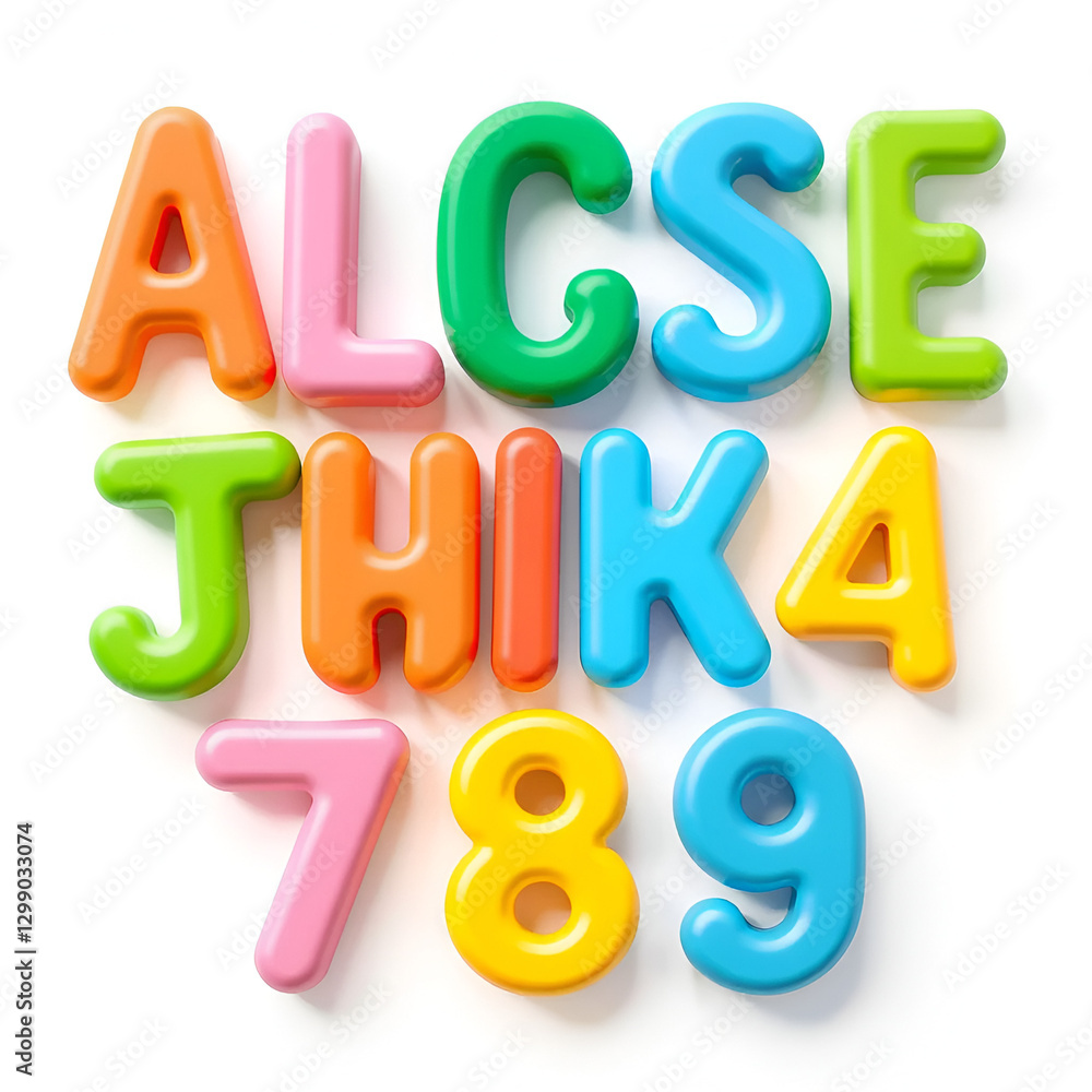 Fototapete set of cute colored letters and numbers with 3d effect isolated on white background.