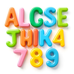Naklejka premium Set of cute colored letters and numbers with 3d effect isolated on white background.