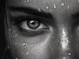 Black and White Close-Up of Woman’s Eye with Water Droplets – Intense Emotional Portrait Showing Sadness, Powerful Female Gaze, High Contrast Texture for Art, Beauty, and Inner Strength