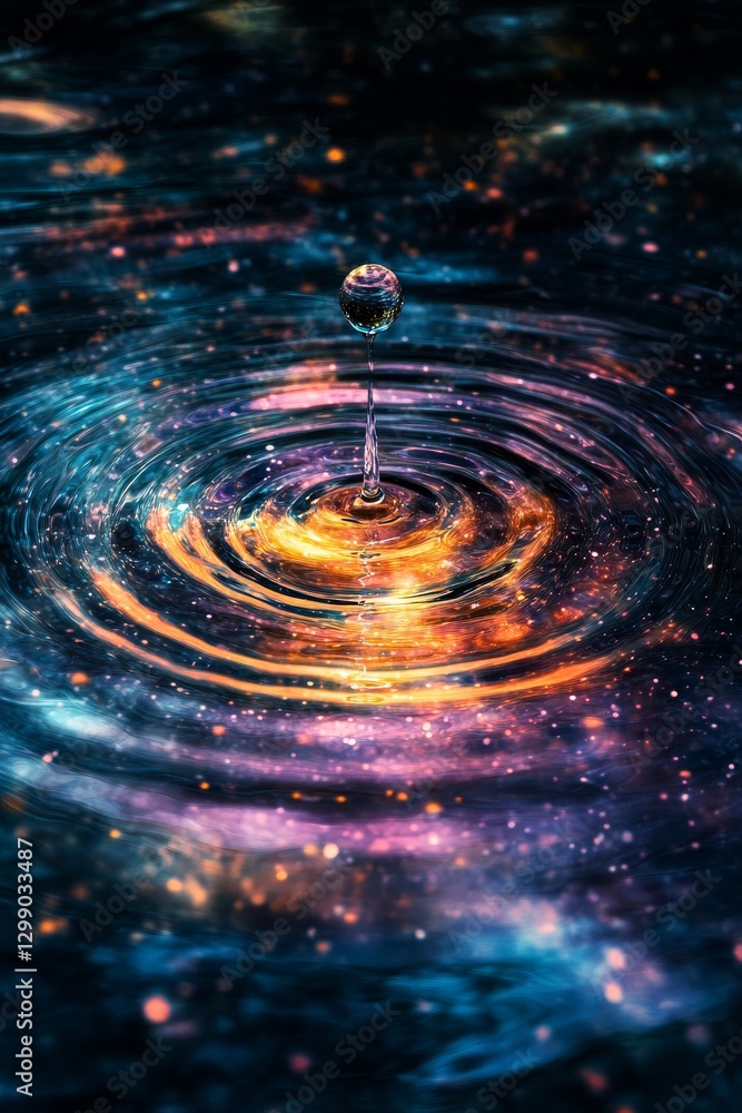 Poster a captivating vortex of vibrant neon droplets, floating and intersecting in a cosmic performance, me