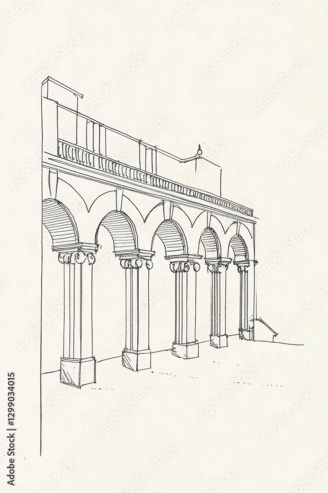 Poster detailed line drawing of gothic architecture, black and white architectural sketching style drawing 