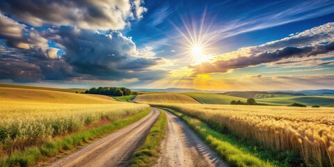 Obraz premium Serene Country Road Winding Through Golden Fields at Sunset with Dramatic Clouds