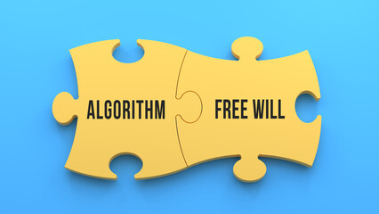 Algorithm and Free Will text message on jigsaw puzzle. Blue background,3d