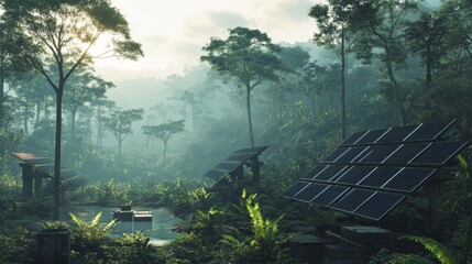 Solar panels in lush forests provide clean energy, protecting the environment by replacing traditional generators.  