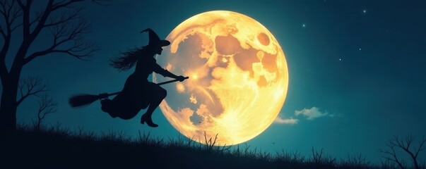 Silhouette of witch on broomstick against bright full moon , magical, night, wizardry
