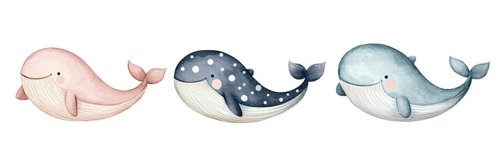 Fototapeta premium Watercolor whales in a playful marine scene soft colors underwater artistic background serene environment