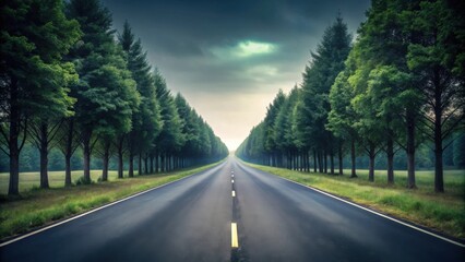 Obraz premium Asphalt Path Through Verdant Trees Leading to a Serene Horizon Under a Cloudy Sky