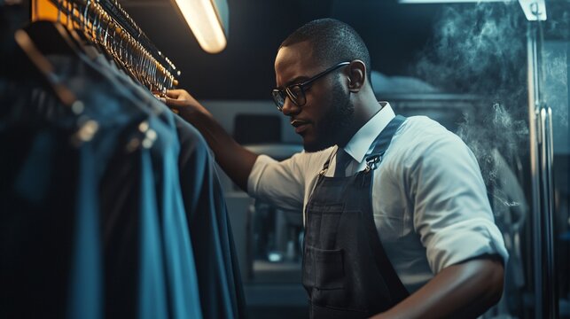 Professional African American Man Working at Dry Cleaners - Laundry Service Staff