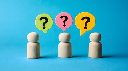 Three wooden figurines with colorful speech bubbles displaying question marks against a blue background illustrating curiosity and communication