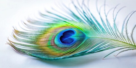 Obraz premium A Single Vibrant Peacock Feather Displaying Iridescent Hues and Intricate Details on a Smooth Surface