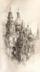 Detailed Sepia Ink Sketch of an Ornate Church Building