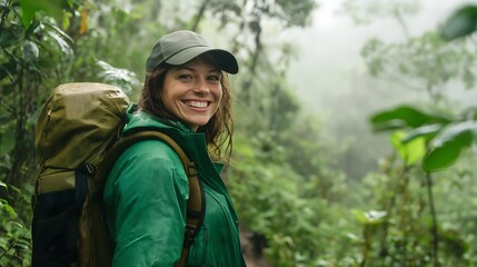 Female adventurer smiling while hiking through a lush forest in a green jacket with a backpack on a misty day
