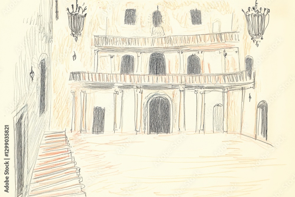 Poster detailed sepia sketch of a classical building with courtyard and staircase entryway interior design 