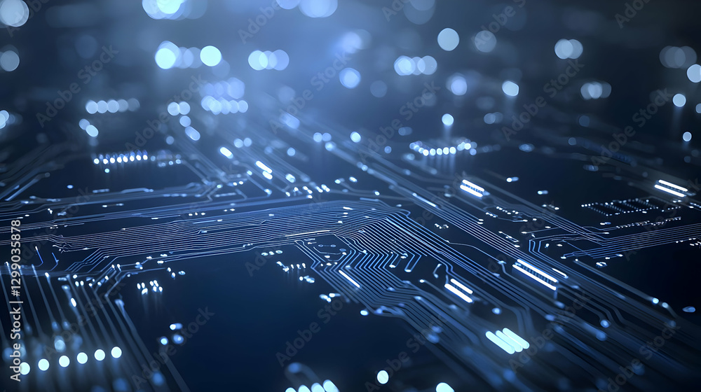 Poster illuminated blue circuit board pattern displaying digital data communication lines