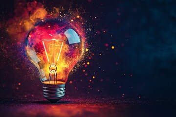 Creative light bulb with a colorful explosion of energy and sparks on a dark background, a concept for innovation or creative thinking. Copy space available. High quality image
