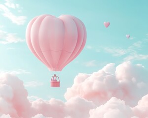 Fototapeta premium A hot air balloon embellished with Valentine decorations, ascending under a clear midday sky