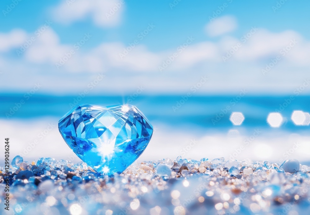 Poster shimmering blue diamond on seaside sand with sparkling bokeh effect under bright sky and ocean waves