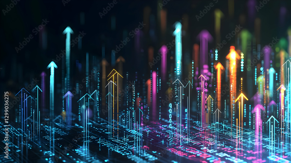 Poster abstract digital arrows ascending against dark background representing data growth and technological