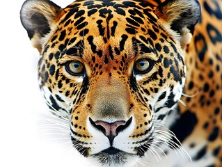 Obraz premium Dramatic Close up Portrait of a Powerful and Fearsome Jaguar Skull Against a White Background