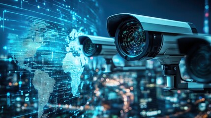 Global security surveillance network with digital overlays on a world map, representing military defense and monitoring systems