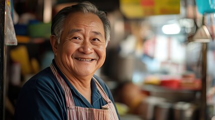 Obraz premium Smiling vendor exudes warmth and friendliness in a cozy kitchen setting.