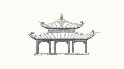East Asian Pavilion Line Drawing Design Sketch Illustration Artwork Black And White Illustration Style Drawing Architectural Design Building Design Sketch Simple Design Geometric Style Building Line