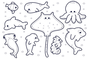 Coloring page of marine life. Hand drawn sea animals. Cartoon isolated vector illustration