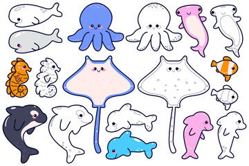 Vector set of marine life. Coloring book or coloring page. Hand drawn sea animals. Cartoon isolated vector illustration