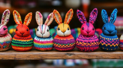 Colorful handcrafted bunnies in vibrant attire, lined up on a wooden shelf, showcasing intricate designs and a playful aesthetic.