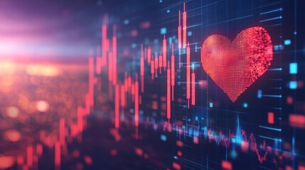 A stock ticker display with heart-shaped currency icons in a Valentine theme, representing finance creativity, market art, and symbolic love