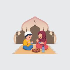 Ramadan Iftar - Cute Muslim Boy and Girl Breaking Fast with Dates and Water in Front of Mosque