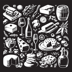 chalk food vector illustrations. wedding dinner icons, wine or champagne glasses, cheese, and charcuterie drawings for wedding invitations, cafe menus, and parties.