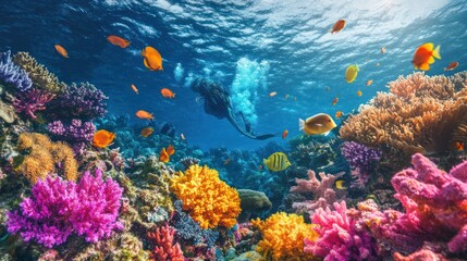 Vibrant Fantasy Coral Reef with Giant Sea Creatures and Colorful Fish By Generated AI