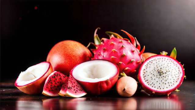 Exotic tropical fruit composition with dragon fruit, coconut, and passion fruit, vibrant food photography for gourmet markets and botanical content