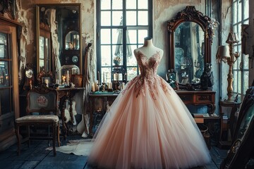 Elegant Haute Couture Evening Gown on Mannequin in Luxurious Tailor Room with Antique Furniture and Warm Lighting