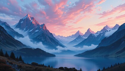 Majestic sunset over serene mountain lake alpine region landscape photography natural beauty wide angle tranquil atmosphere