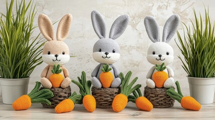 Three adorable crocheted bunnies hold carrots, surrounded by green plants in decorative pots, creating a charming and playful scene.