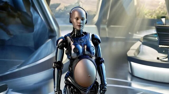 In a modern bioengineering lab, a futuristic robot with a visible pregnant abdomen stands upright.