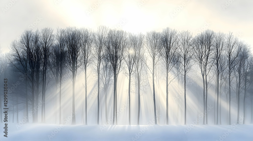 Poster winter forest scene with sunlight shining through trees creating a bright and serene atmosphere