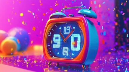A colorful alarm clock displays a digital time with vibrant design elements and playful text overlay for added emphasis._00001_