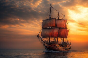 Fototapeta premium Spectacular Sunset Over Chesapeake Bay Highlighting a Sailboat Silhouette and Theatrical Clouds