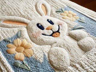 A charming embroidered bunny surrounded by flowers, showcasing intricate details and a cheerful expression, perfect for spring decor.