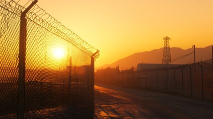 Serene Chainlink Fence with Clear Sky at Sunset - Aesthetic Industrial Background
